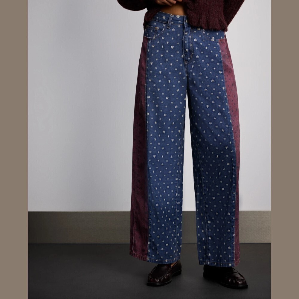 Blue Floral Star Patterned Red Color Block Wide Leg Denim Jeans
